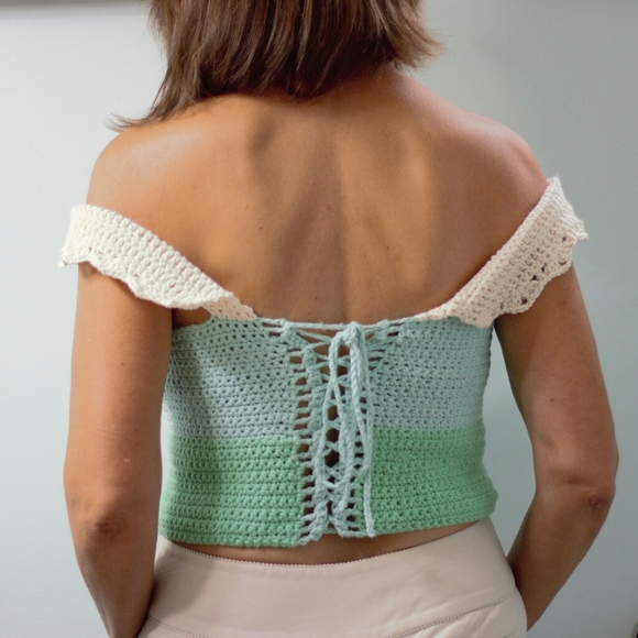 Hand Crafted Hand Crochet Boho Coastal Seafoam Green Off Shoulder Crop Top M - Picture 7 of 11